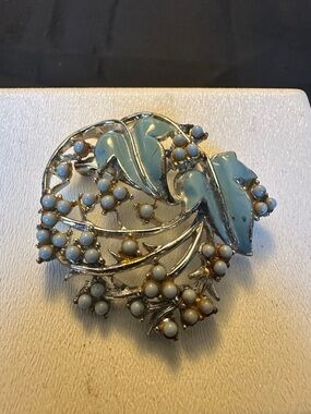 Vintage Mid-Century Blue Enamel & Berry Floral Spray Brooch - Silver Tone